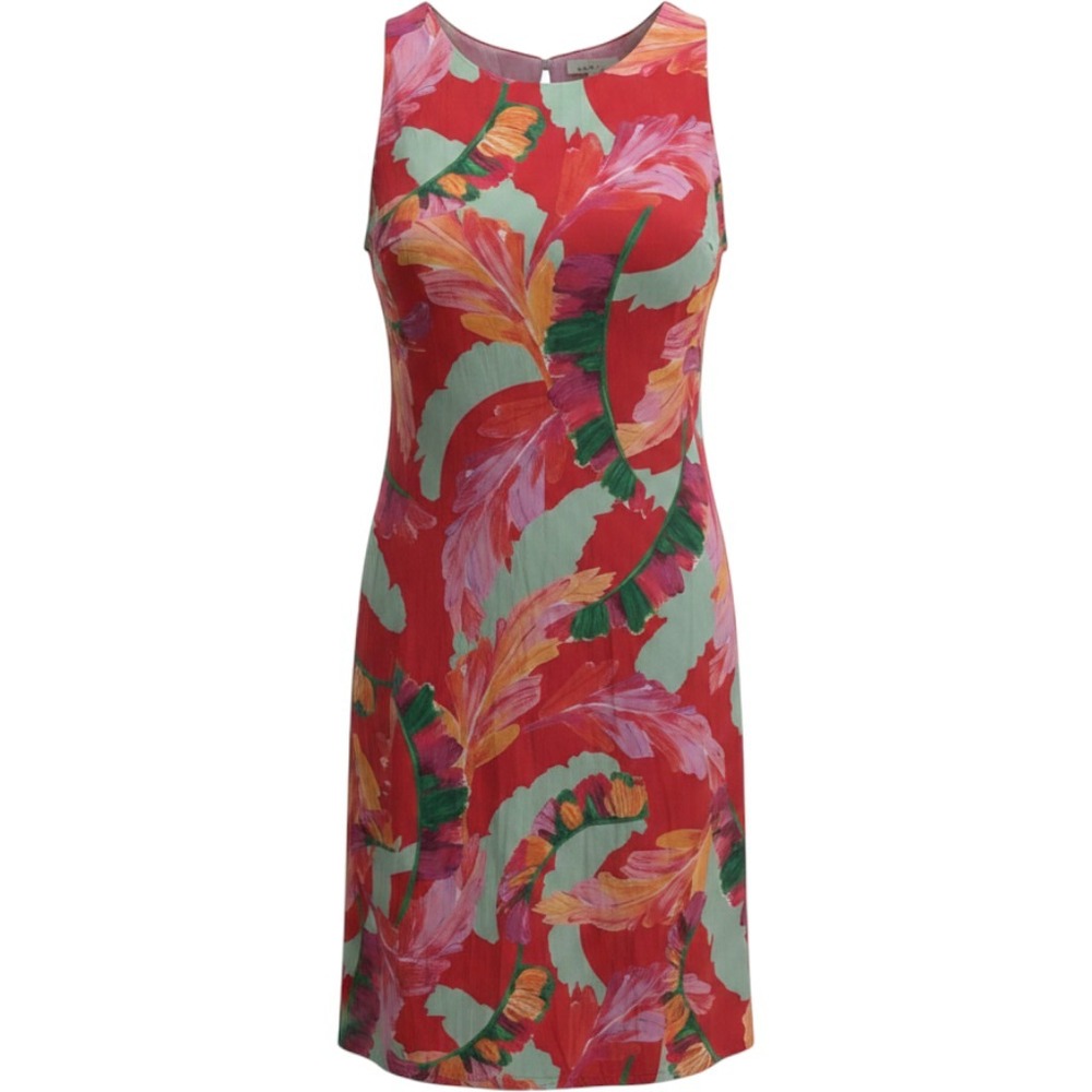 Chicos Botanic Berry Foliage Trapeze Back Midi Dress Red Tropical Leaf Size 3 16